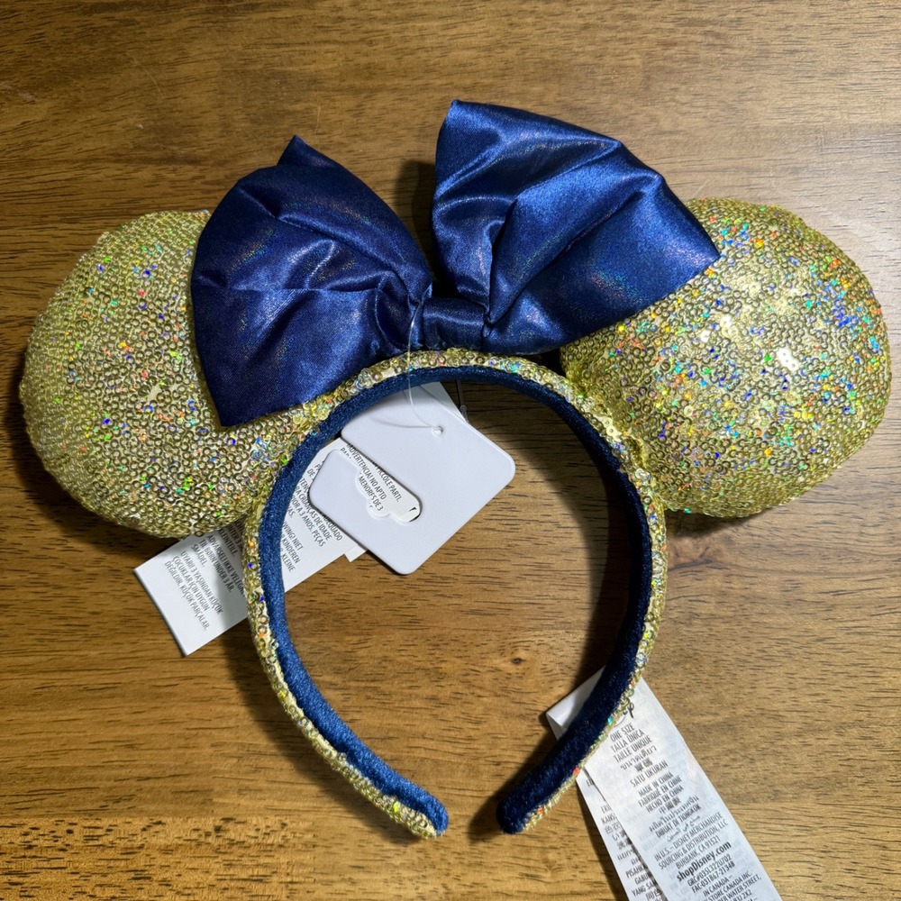 Disney Minnie Mouse Ears Headband Gold Sequin Blue‎ Bow Parks Authentic NWT